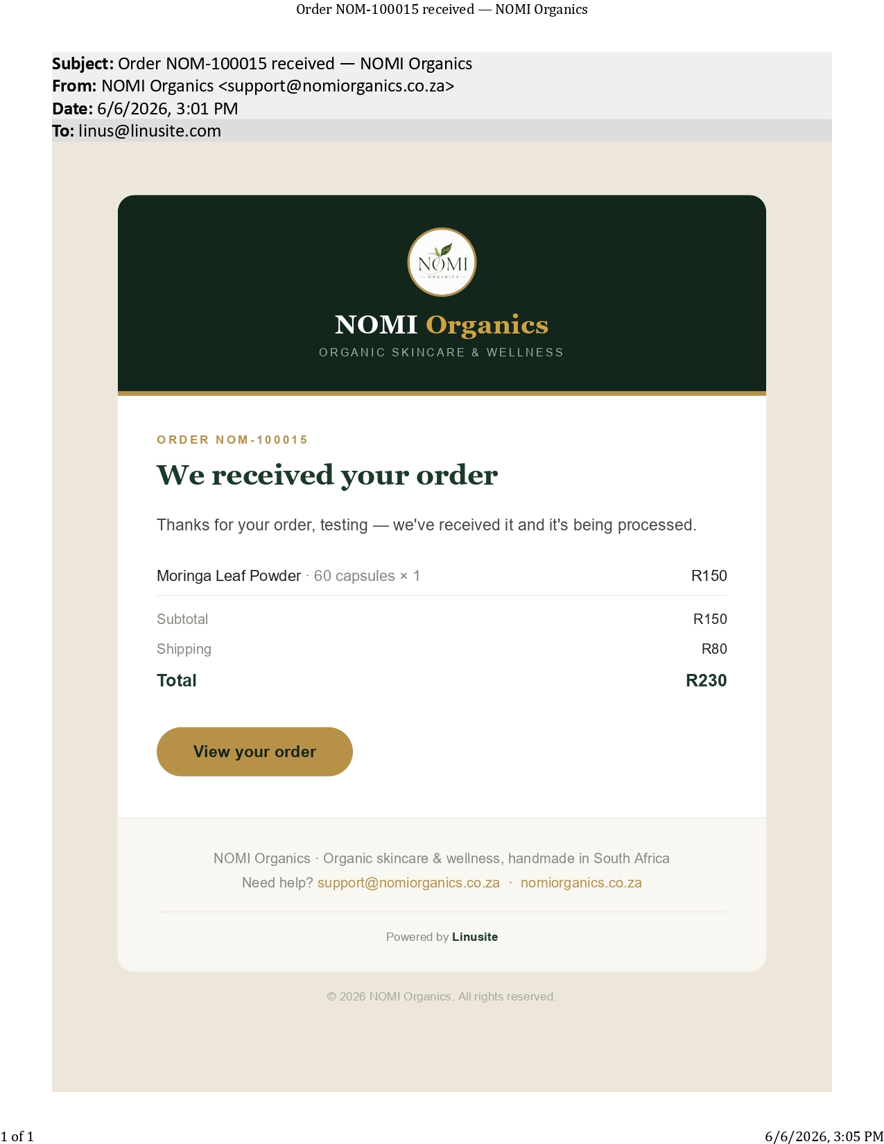 NOMI Organics order confirmation email