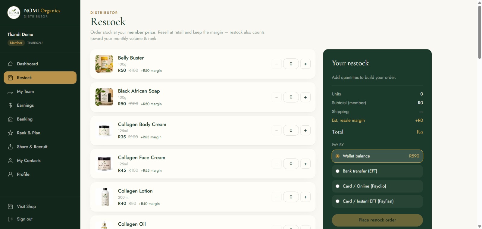 NOMI Organics distributor restock with payment methods
